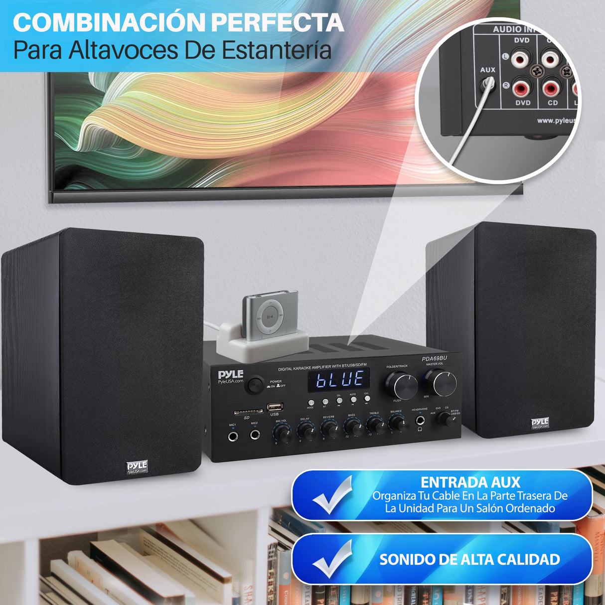 Pyle Amplificador de Audio, para el hogar, Estudio, 300W, Bluetooth, Estereo, 2 Canales, Sistema de Audio MP3, USB, SD, AUX, RCA, Microfono, Audiofonos, FM, LED