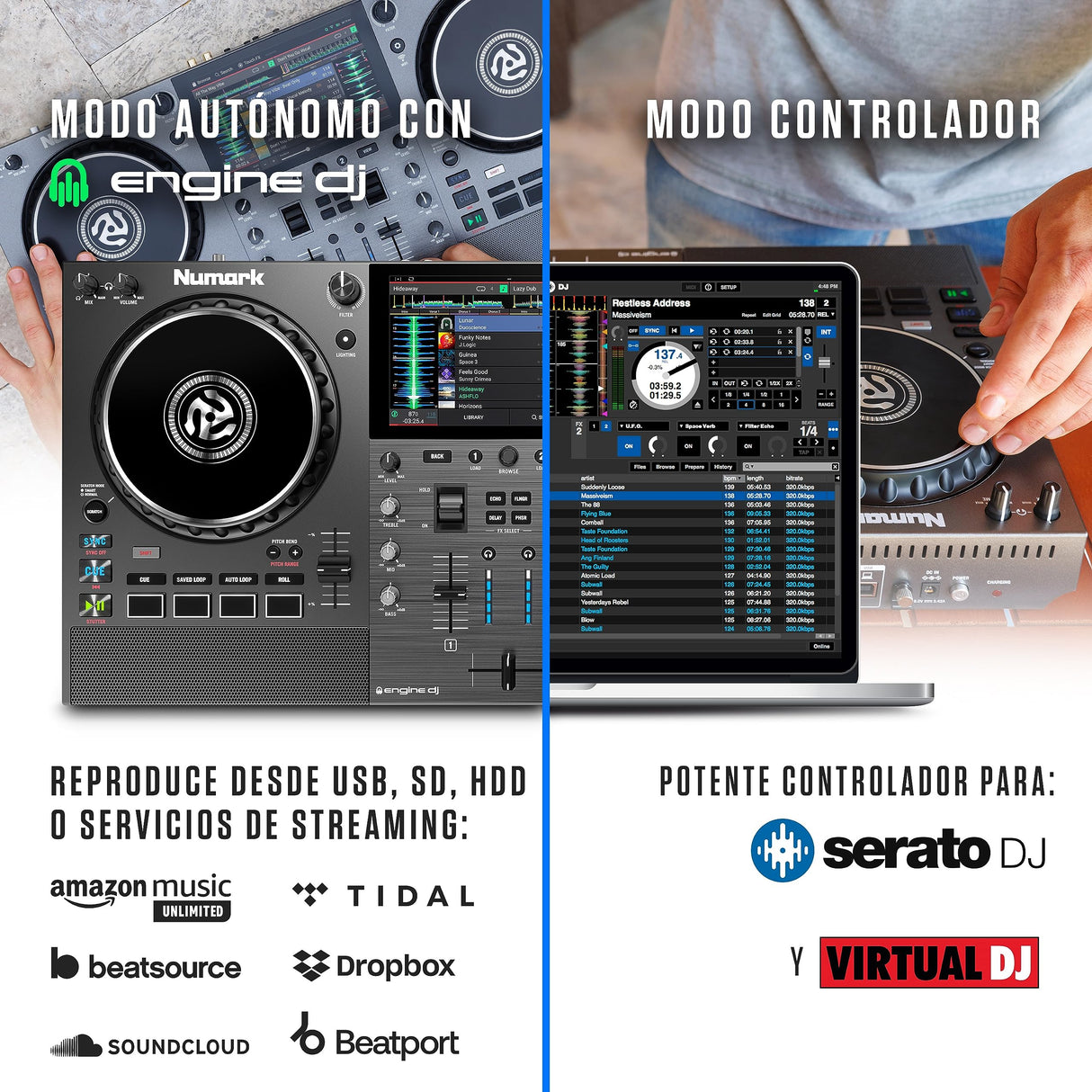 Numark Mixstream Pro Go - Controlador DJ portátil, batería, mezclador con separación de stems, altavoces, streaming wifi, pantalla táctil y Serato DJ