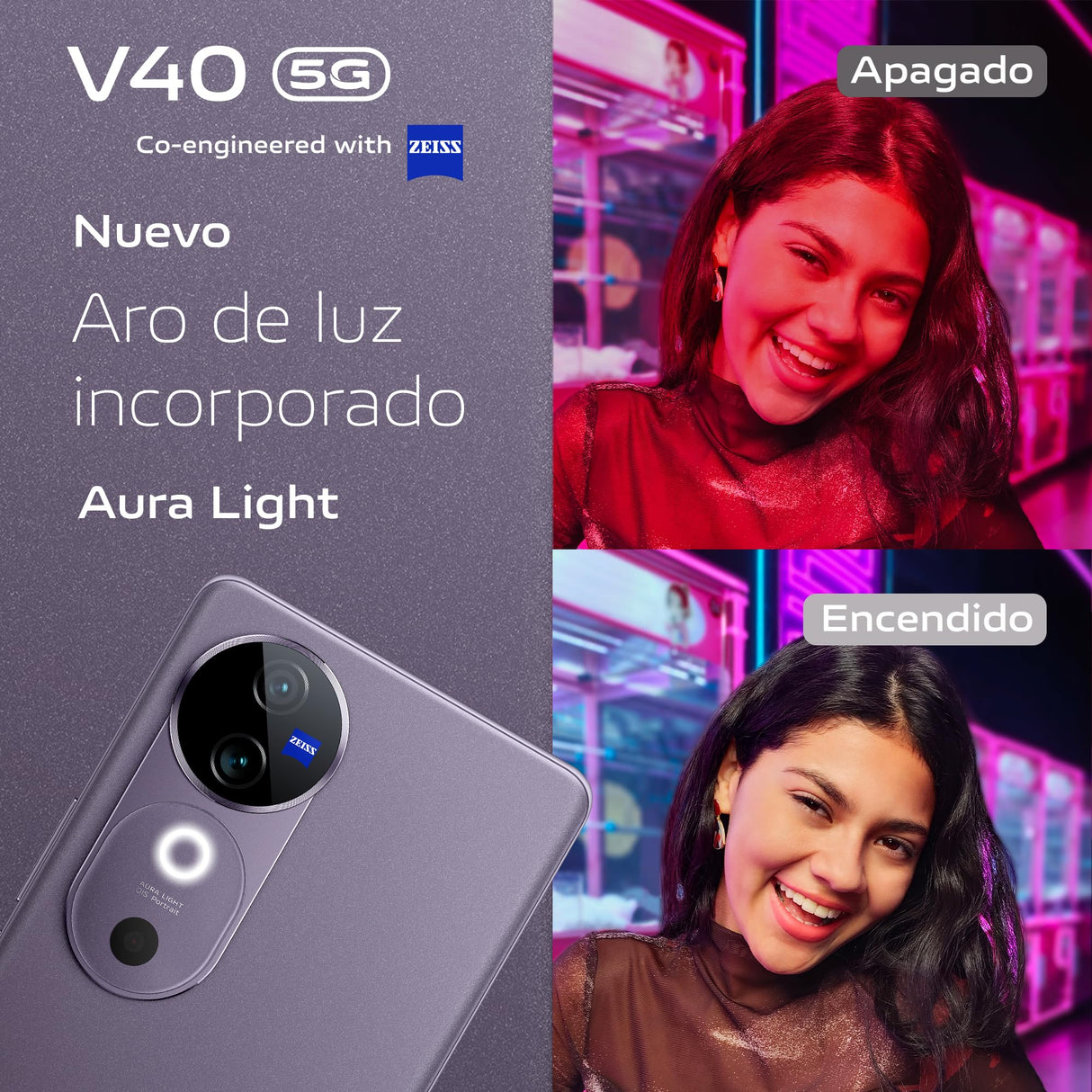 VIVO V40 5G Smartphone, 12GB RAM + 512GB ROM, Pantalla 6.78” AMOLED Curva 120 Hz, Cámara 50 MP con ópticas ZEISS, Batería BlueVolt XL de 5500mAh, Carga rápida Flashcharge 80 W, Plata