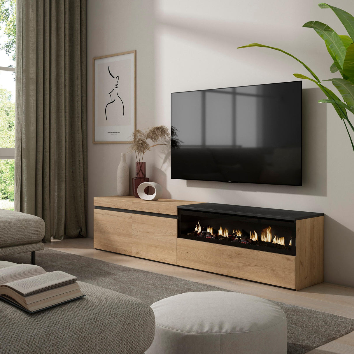 Skraut Home | Mueble TV | Televisión | Muebles de salón, almacenaje | 200x45x35cm | Para TV hasta 80" | Chimenea eléctrica | Estilo Moderno | Roble y negro