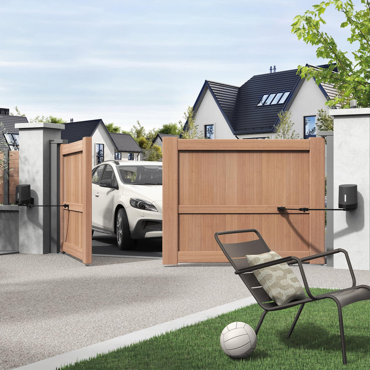 Avidsen 114202 Motorización conectada con Brazo articulado Orane Connect Puerta de hasta 2,5 m y 250 kg por batiente. con mandos a Distancia, luz Intermitente y un Juego de fotocélulas, Negro