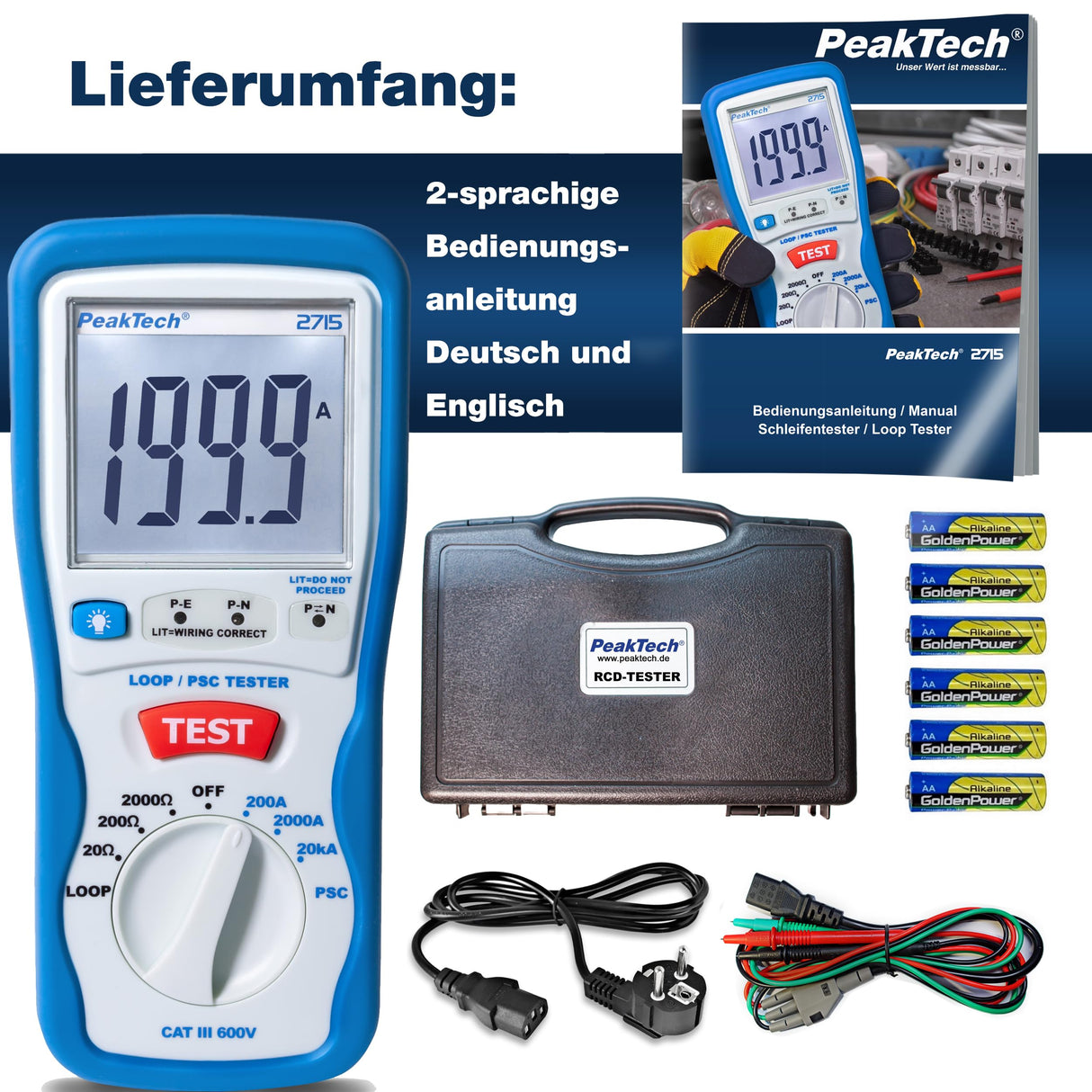 PeakTech 2715 – Probador digital de lazo PSC con pantalla LCD, probador para mediciones de impedancia, amperímetro de cortocircuito, fusible de circuito, carcasa aislada - CAT III 600 V