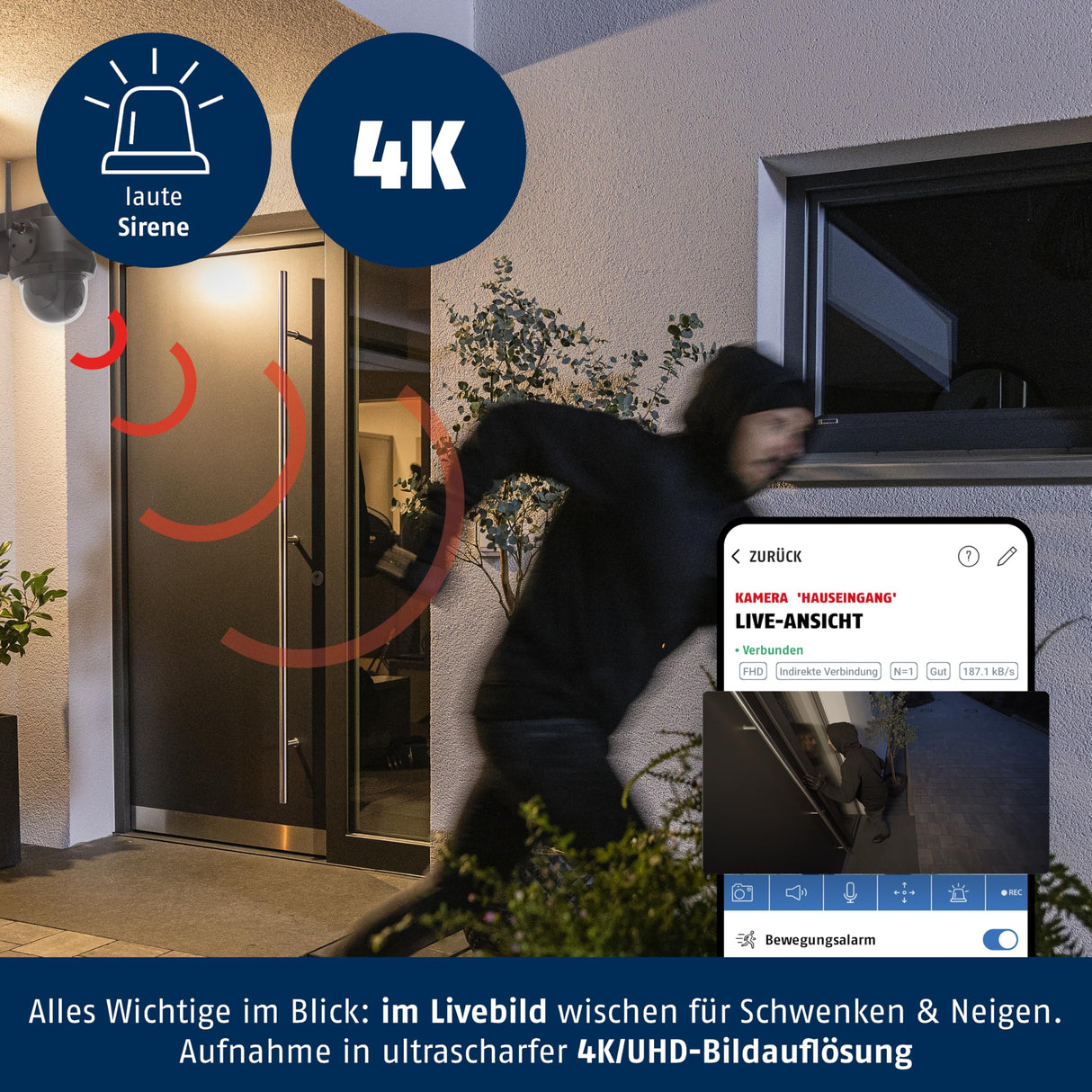 ABUS Cámara de vigilancia con detección de Movimiento, detección de Objetos, grabaciones 4K, notificaciones Push, visión Nocturna, Audio bidireccional, Tarjeta de Memoria, máscara de privacidad y