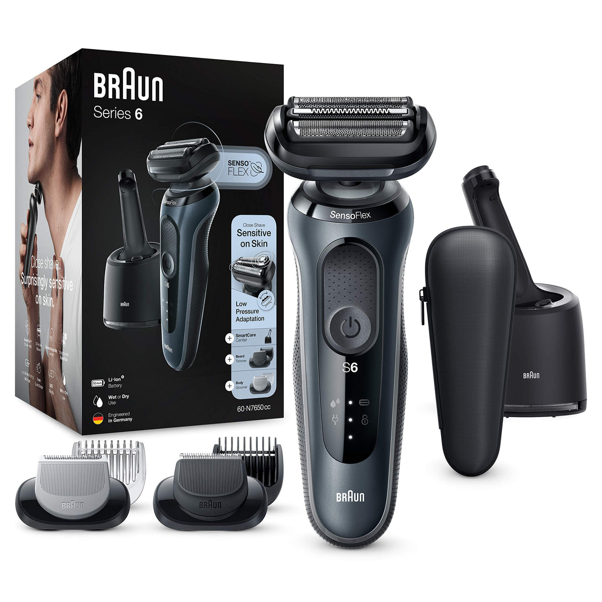 Braun Series 6 60-N7650cc Afeitadora Eléctrica Hombre de Lámina para Barba, con Centro de Limpieza SmartCare, Recortadora Barba, Depiladora Corporal, Uso en Seco y Mojado, Recargable, Inalámbrica,Gris