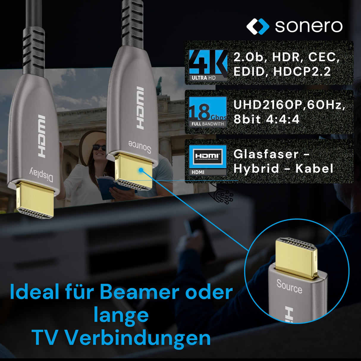Sonero 50 m de Cable HDMI 2.0b, híbrido de Fibra óptica, UHD 2160P, 4K60Hz, 4:4:4, HDR, 18Gbps