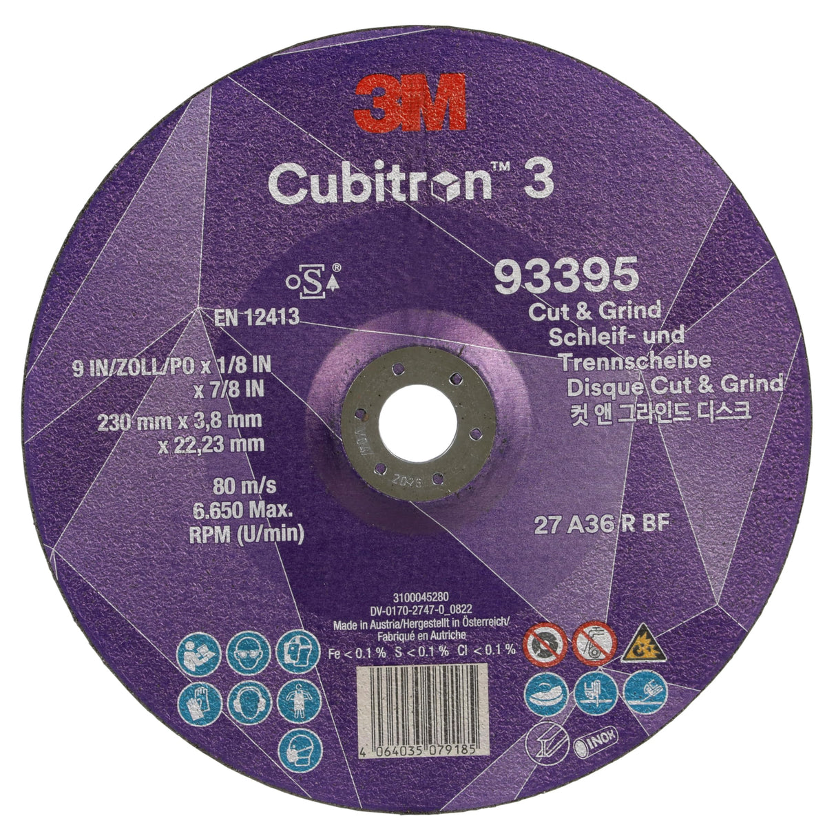 3M Cubitron 3 Disco de Corte y Desbaste, 93395, 36+, T27, 230 mm x 3.8 mm x 22.23 mm, EN, Paquete de 10 Unidades