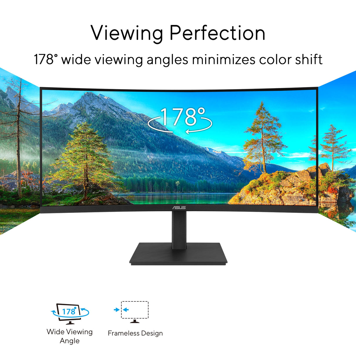 ASUS VA34VCPSR - Monitor Docking de 34", WQHD (3440x1440), Curvatura 1500R, Sin Marco, USB-C PD 96W, RJ45, USB Hub, Luz Azul Baja, Antiparpadeo, Diseño ergonómico, Montable en Pared, Sostenibilidad