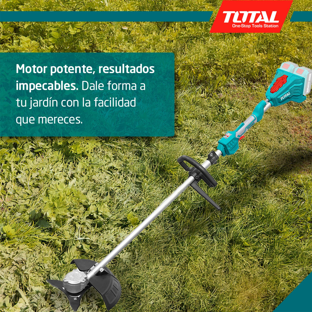 TOTAL - Desbrozadora Brushless A Batería | Batería de 20V de Larga Duración | Incluye Cabezal de Hilo y Disco de 3 Puntas | Ligero y Cómodo, Fácil de Manejar