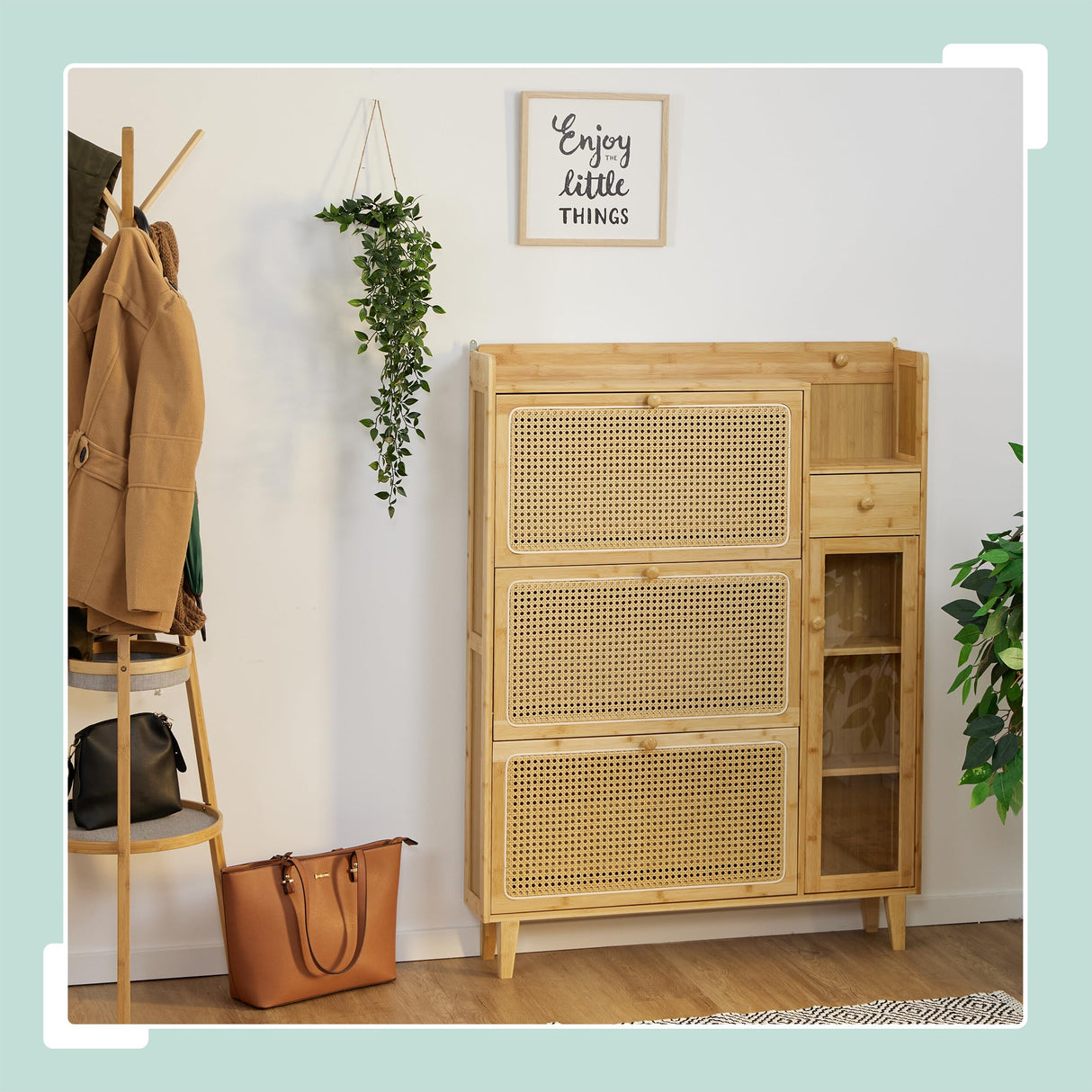 Relaxdays Mueble Zapatero, 5 Compartimentos, Armario Calzado Bambú, 127x95x19 cm, 9 Pares, 3 Solapas, Estrecho, Natural, Plástico, Tablero de Fibras