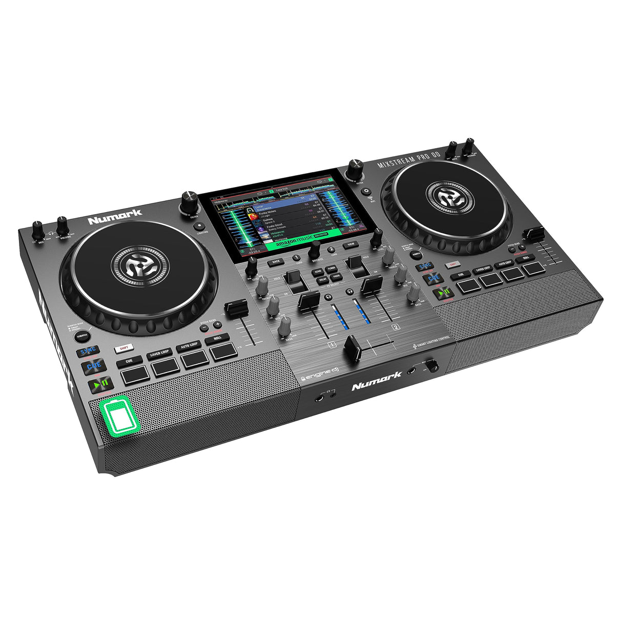 Numark Mixstream Pro Go - Controlador DJ portátil, batería, mezclador con separación de stems, altavoces, streaming wifi, pantalla táctil y Serato DJ