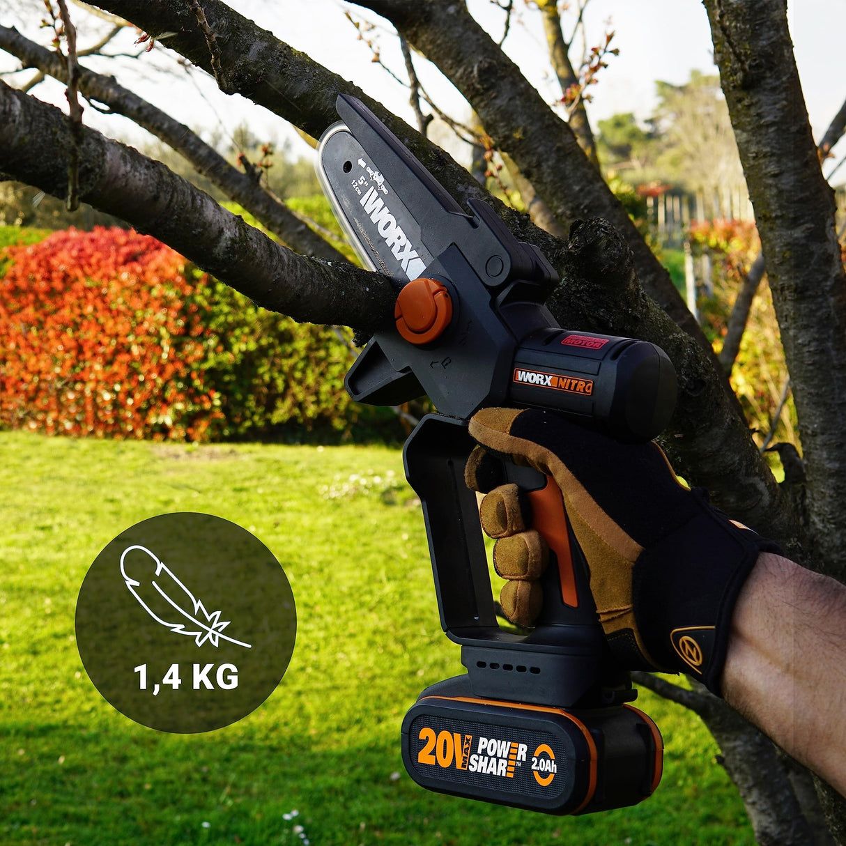 WORX | WG325E | Mini motosierra de poda | motor sin escobillas | PowerShare | Espada 12 cm