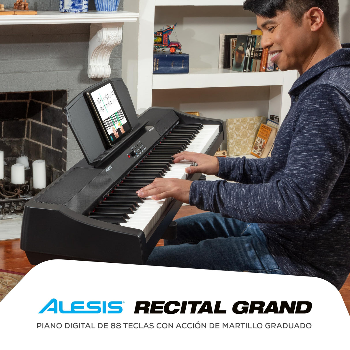 Alesis Recital Grand Piano Eléctrico 88 Teclas Contrapesadas de Acción Martillo con Altavoces, Lecciones de Piano, Metrónomo y 16 Kits de Sonidos