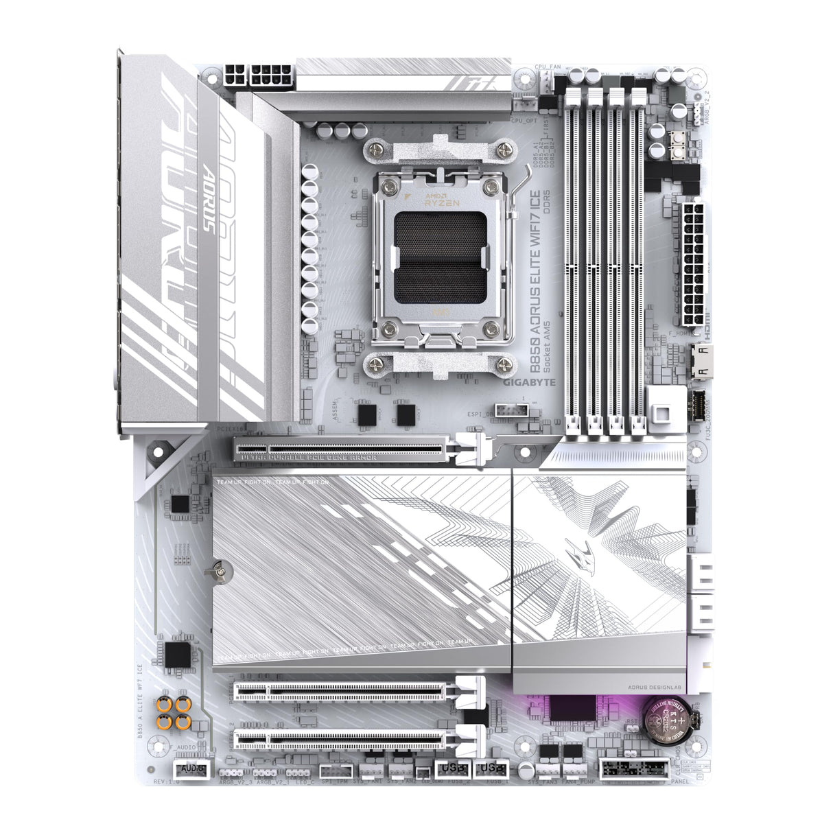 GIGABYTE B850 AORUS Elite WIFI7 Ice Placa Base - Procesadores AMD Ryzen Serie 9000, VRM Digital de 12+2+1 Fases, hasta 8200MHz DDR5 (OC), 1xPCIe 5.0 + 2xPCIe 4.0 M.2, LAN 2.5, WiFi 7, USB 3.2 Gen 2x2
