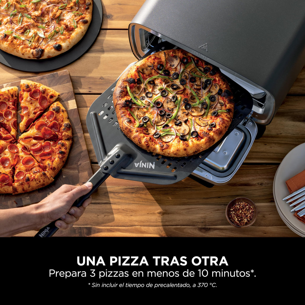 Ninja Artisan Horno air fry y pizza de exterior, 4 funciones: Pizza, Freír con aire, Hornear, Fermentar, 5 ajustes de pizza, Piedra de 30 cm, Pala, Bandeja, Cesta para freír con aire, Gris MO201EU