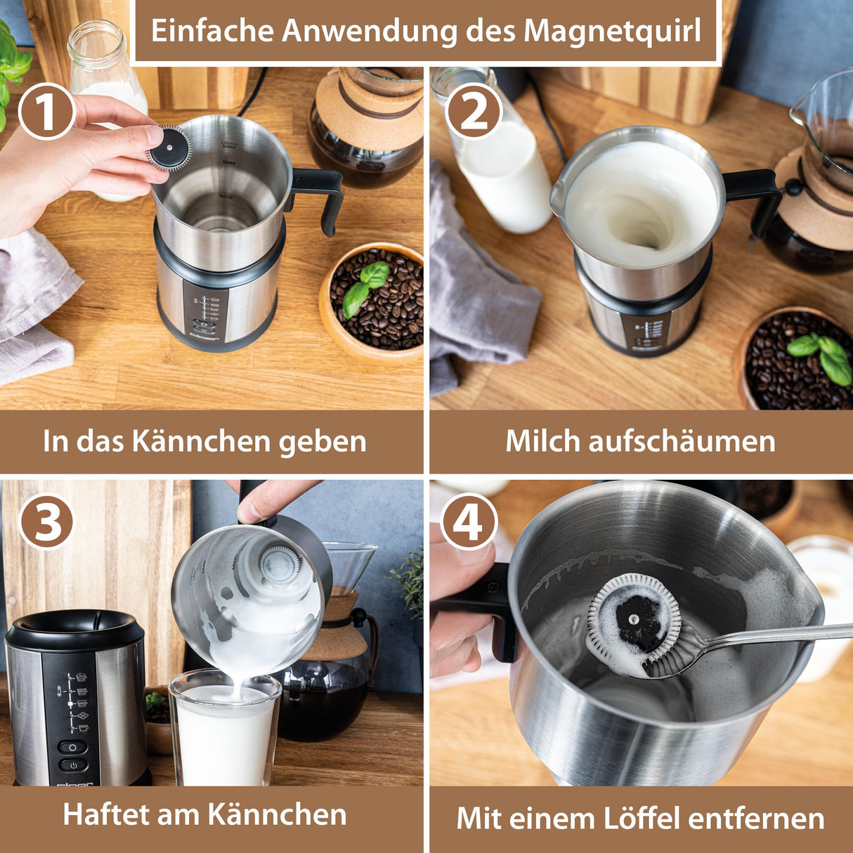 Cloer 7789 Espumador de leche eléctrico, para hasta 450 ml, espuma de leche fría o templada, chocolate caliente, diferentes modos seleccionables, 500 vatios, bobina espumante magnetica