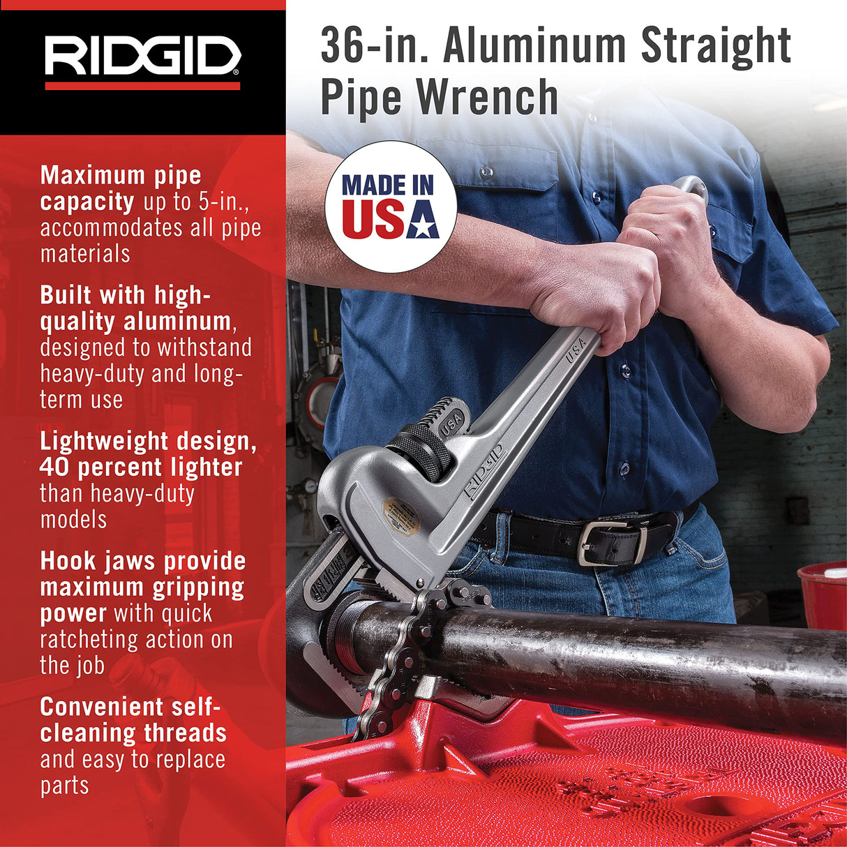 RIDGID 31110 Modelo 836 Llave recta de aluminio para tubo, Llave de fontanería de 36 pulgadas