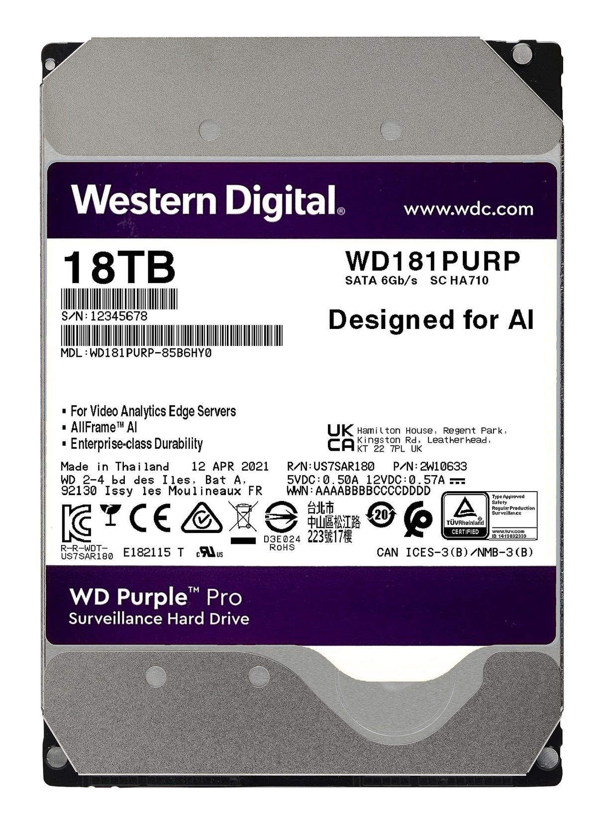 WD Purple Pro 18TB para video inteligente Disco duro interno 3.5", AllFrame Technology, 7200 RPM, 550TB/yr, 512MB Cache, Garantía 5 años