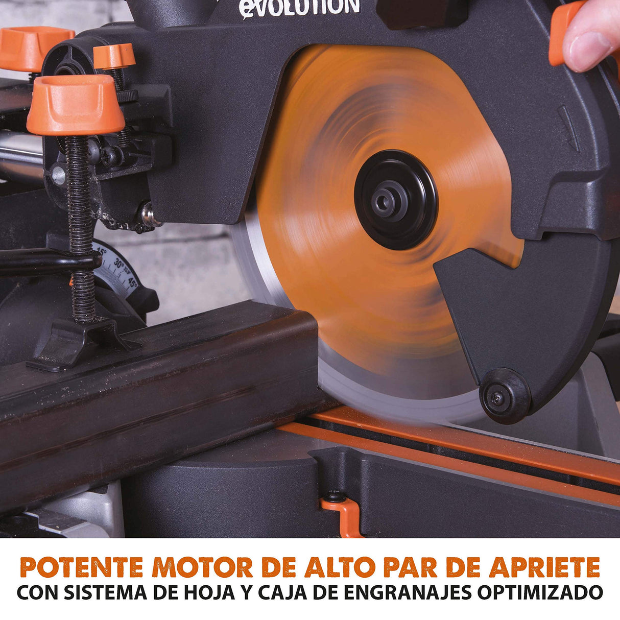 Evolution Power Tools - R210SMS-300+ Ingletadora deslizante multimaterial de 210 mm (230 V), con paquete plus, Corta acero dulce, aluminio, plástico, madera con clavos incrustados