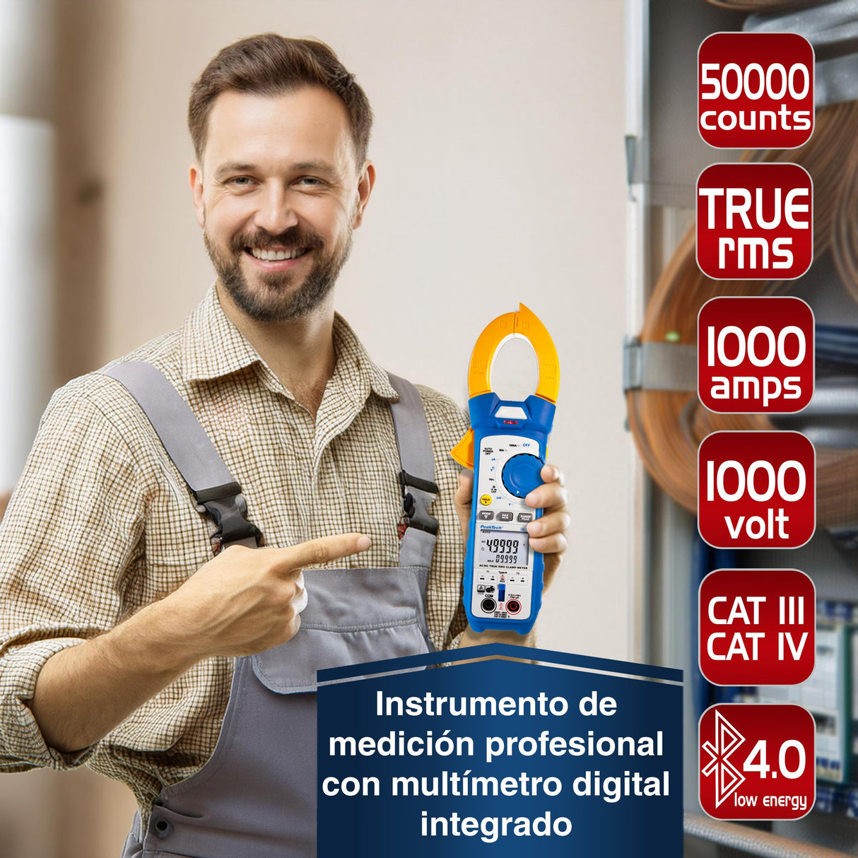 PeakTech 1670 - Pinza Amperimétrica RMS 4.0 Bluetooth y Aplicación 1000A Ac/Dc, Lámpara Led, 50000 Cuentas, Multímetro, Tuv/Gs, Pinza de Corriente, Medidor de Voltaje, Medidor de Corriente