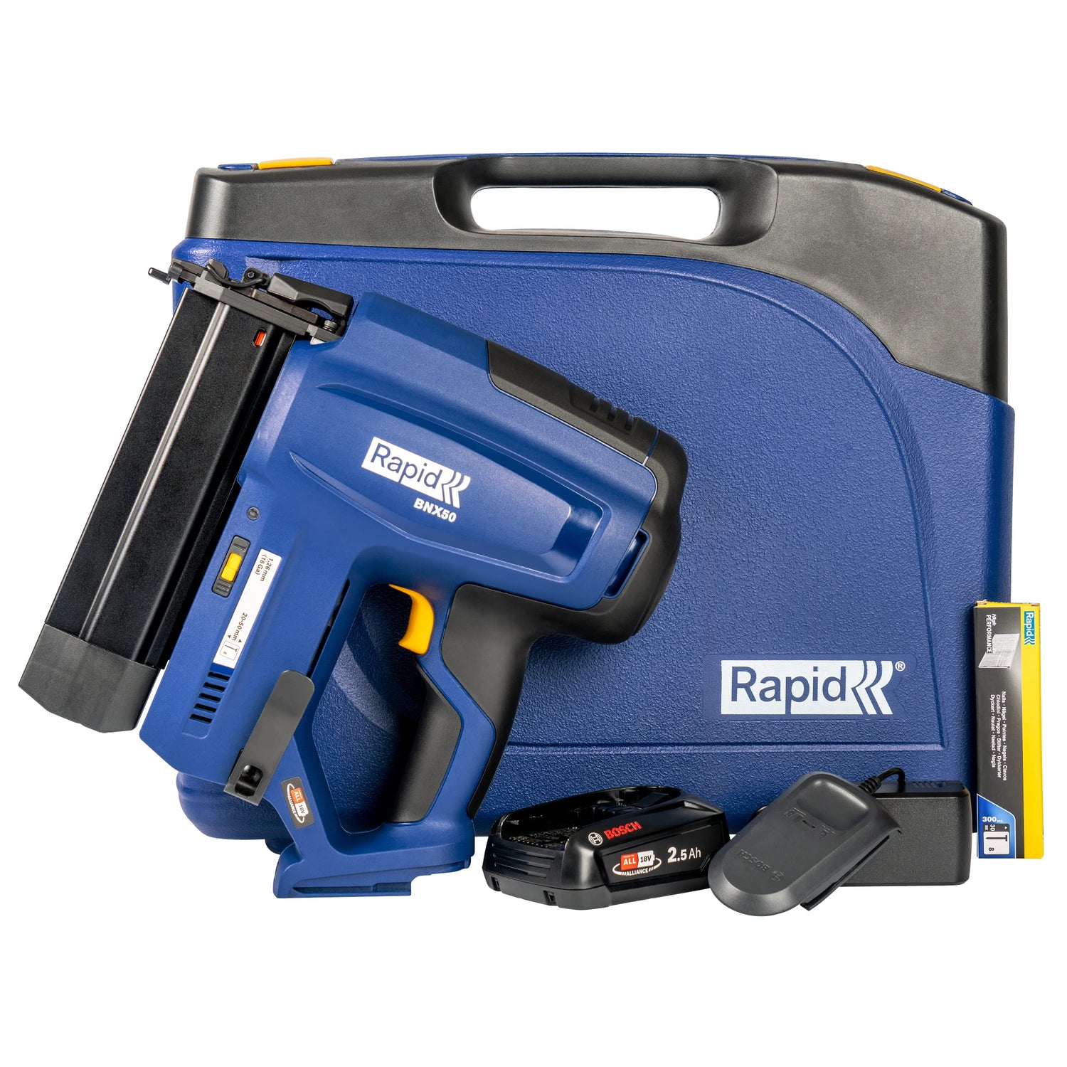 Rapid BNX50 Kit de Clavadora Eléctrica Sistema 18V Power for All Inalámbrica de Clavos con Luz LED, para Clavos N.º 8 y con Disparo Simple o de Impacto, Batería de 2.5 Ah, Cargador y Maleta (5001498)