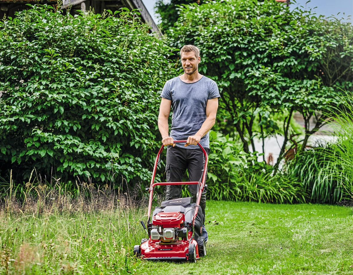 Einhell Cortacésped de Gasolina GC-PM 46/5 S (2 kW, hasta 1400 m², 1 Cilindro, Motor de 4 Tiempos, tracción Trasera, Ajuste de Altura de Corte Central de 9 Niveles 25 a 60 mm)