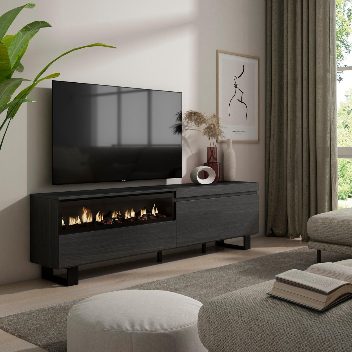 Skraut Home | Mueble TV | Televisión | Muebles de salón, almacenaje | 200x57x35cm | para TV hasta 80" | Chimenea eléctrica | Diseño Industrial | Estilo Moderno | Negro