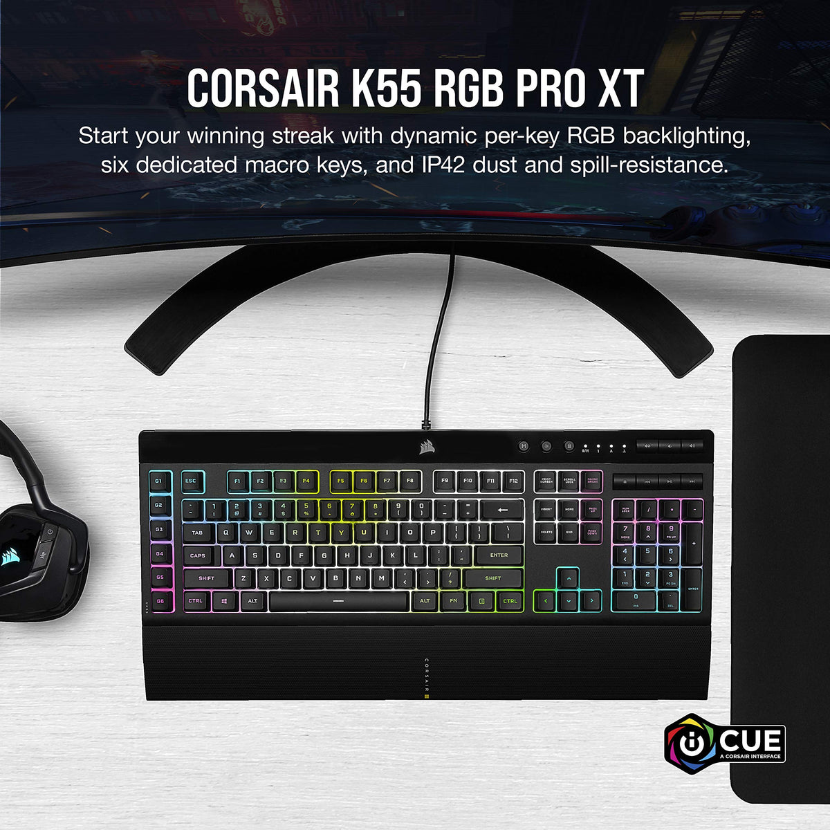 CORSAIR K55 RGB PRO XT Membrana Teclado para juegos con cable, IP42, resistente al polvo y a derrames, 6 teclas macro con integración Elgato, compatible con iCUE, QWERTY UK, PC, Mac, Xbox, color negro