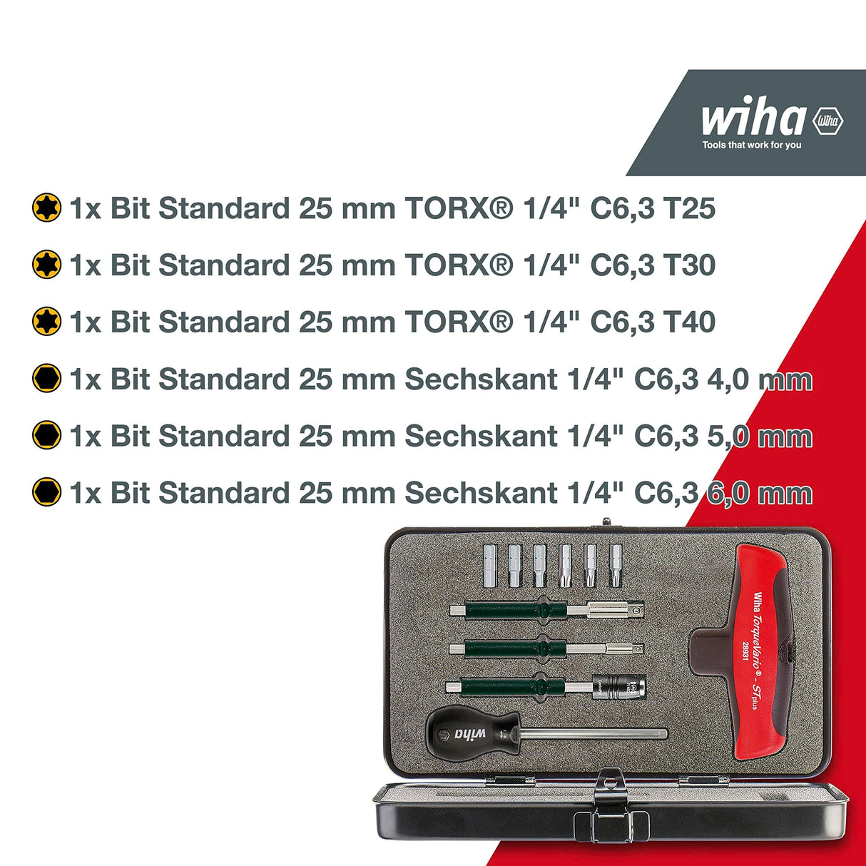 Wiha Juego de destornilladores dinamométricos con mango en T TorqueVario®-ST 5-14 Nm en surtido de 12 unid. con limitación del par de apriete de ajuste variable de incl. caja (29234)