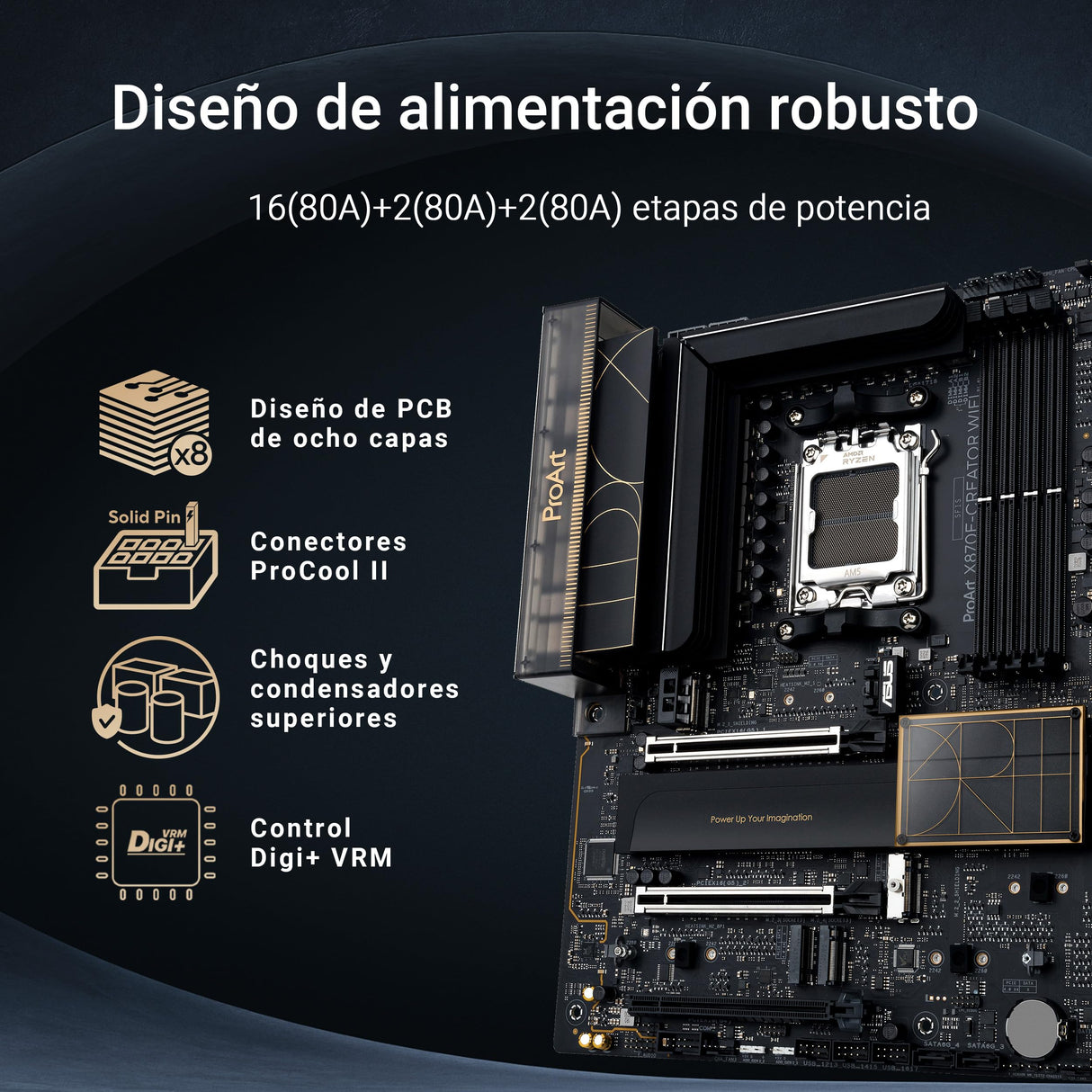 ASUS ProArt X870E-CREATOR WiFi -Placa Base AMD X870E ATX, PCIe 5.0 x16 Compatible con GPU de última generación, 16+2+2 etapas de Potencia, DDR5, Doble USB4, LAN de 10 GB y 2,5 GB, WiFi 7, 4X M.2