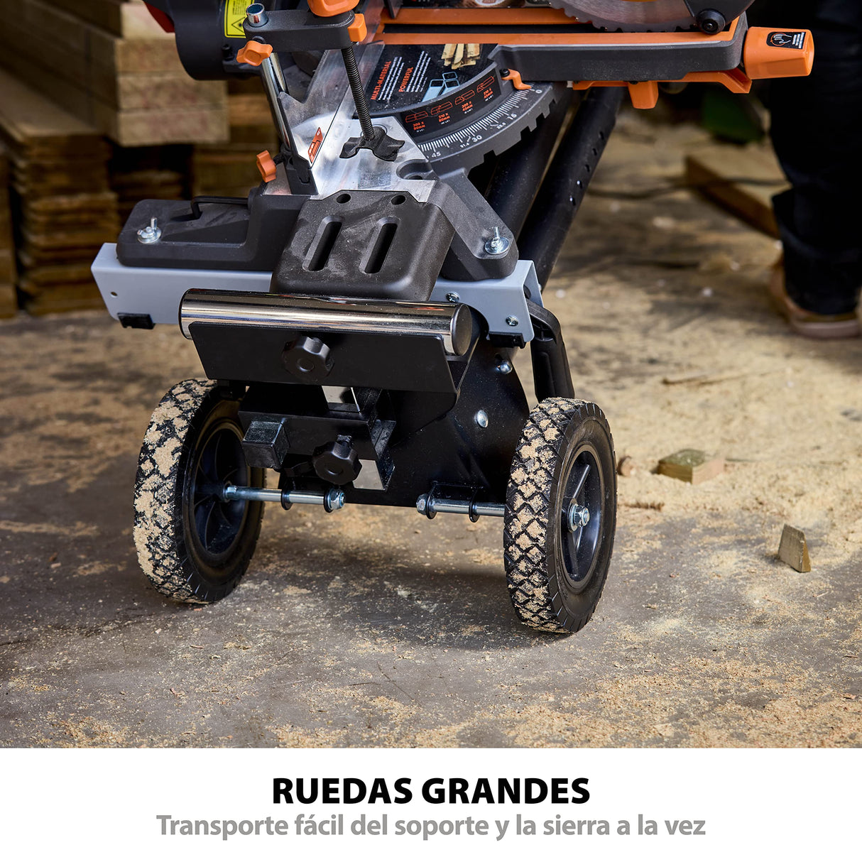 Evolution Power Tools Soporte de sierra ingletadora Plus + Universal - compatible con Evolution Makita DeWalt Bosch Ryobi Einhell y Metabo, ruedas grandes, soporta 300 kg de peso y 4 m de longitud