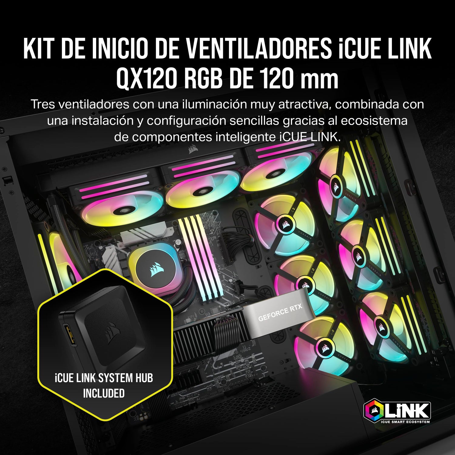 Corsair iCUE Link QX120 RGB 120mm de Cúpula Magnética Ventiladores de Triple Kit de Inicio con Concentrador de Sistema iCUE Link - Negro