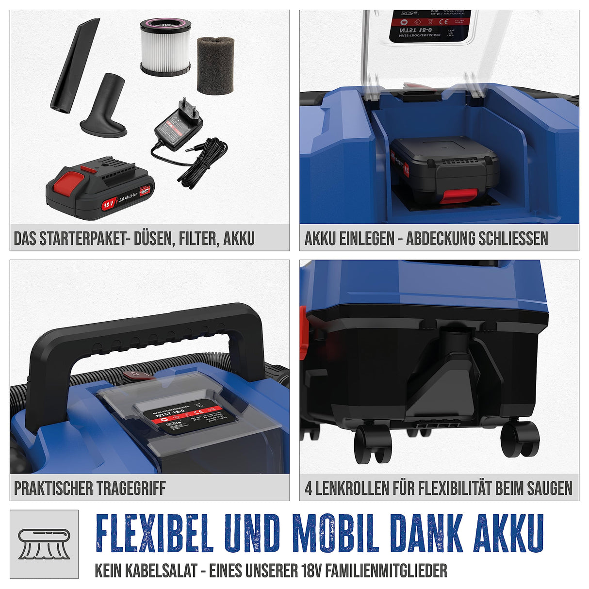 Güde NTST 18-201-05 - Aspirador en seco con batería (depósito de 18 V, 10 L, 4 ruedas, boquilla para suelo y juntas, filtro, incluye batería de 2,0 Ah y cargador)