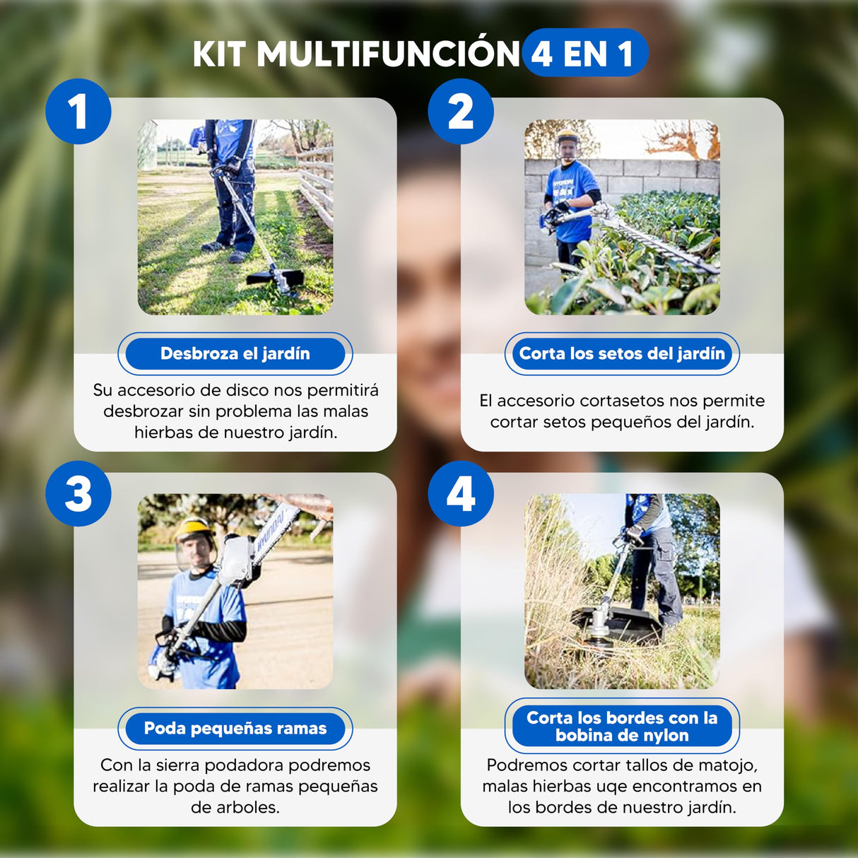 Hyundai Desbrozadora Multifunción 4 en 1 para Jardinería Completa - Herramienta de Corte con Eje Desmontable para Versatilidad - Cortacésped a Gasolina 42,7 CC para Alta Eficiencia de Trabajo