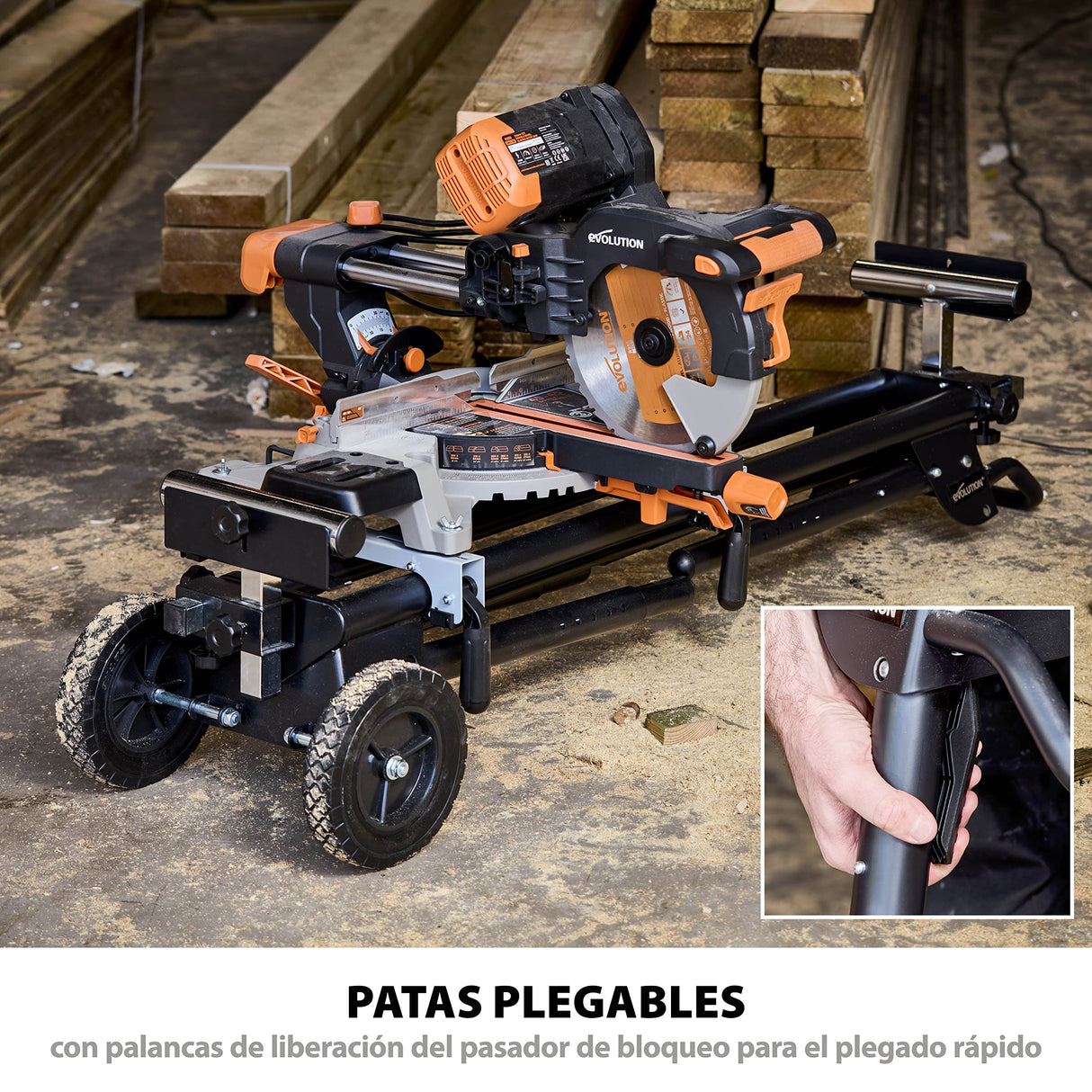 Evolution Power Tools Soporte de sierra ingletadora Plus + Universal - compatible con Evolution Makita DeWalt Bosch Ryobi Einhell y Metabo, ruedas grandes, soporta 300 kg de peso y 4 m de longitud