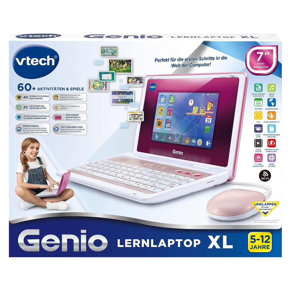 Vtech Genio - Ordenador de Aprendizaje XL Rosa con Pantalla LCD Grande de 7" con Acceso a Internet, Programa de Texto y Muchos contenidos educativos, para niños de 5 a 12 años