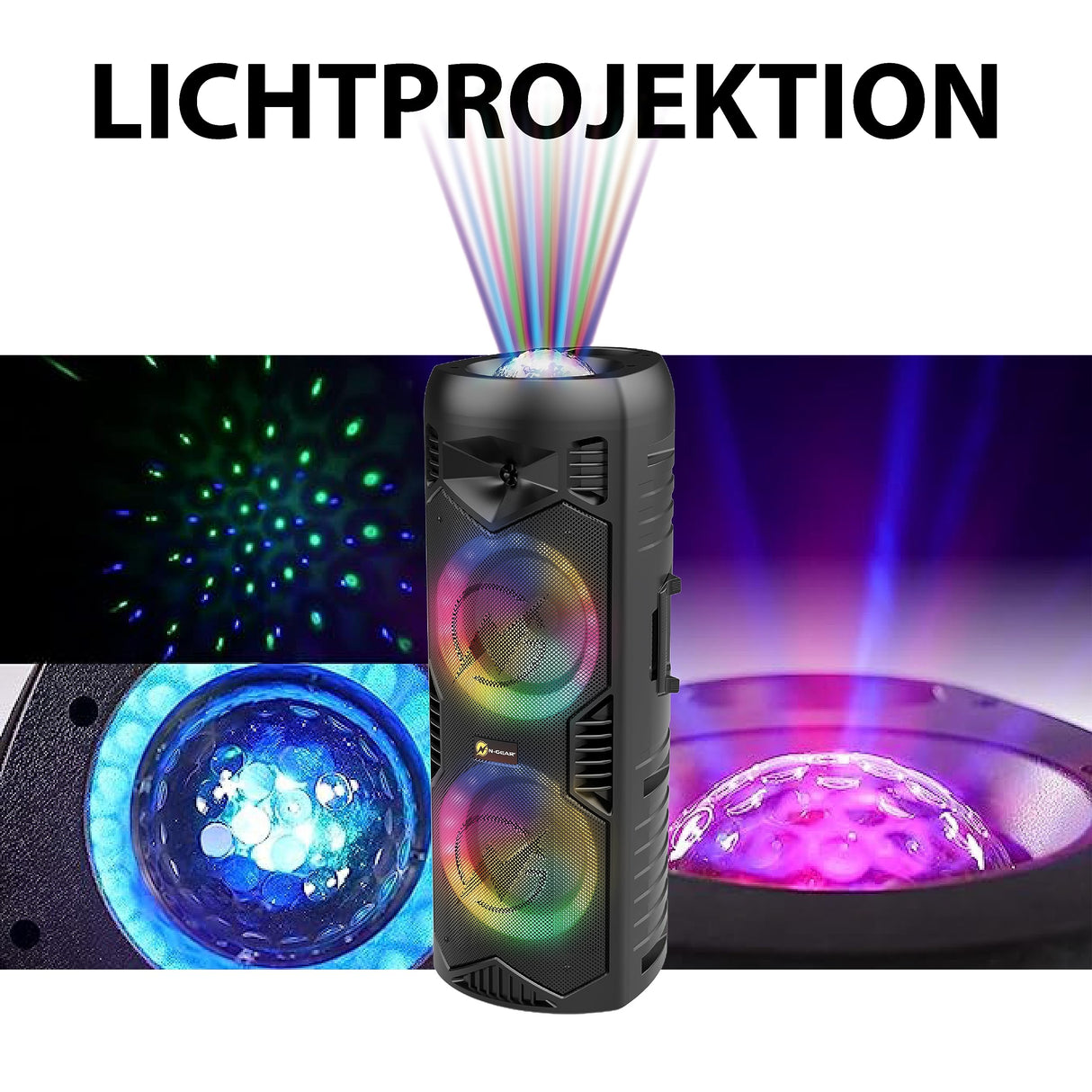 N-Gear Let's Go Party 5150 Negro - Altavoz Bluetooth portatil - Altavoz inalámbrico de 200 vatios con Luces Disco y micrófono Incluido - 5 Horas de reproducción