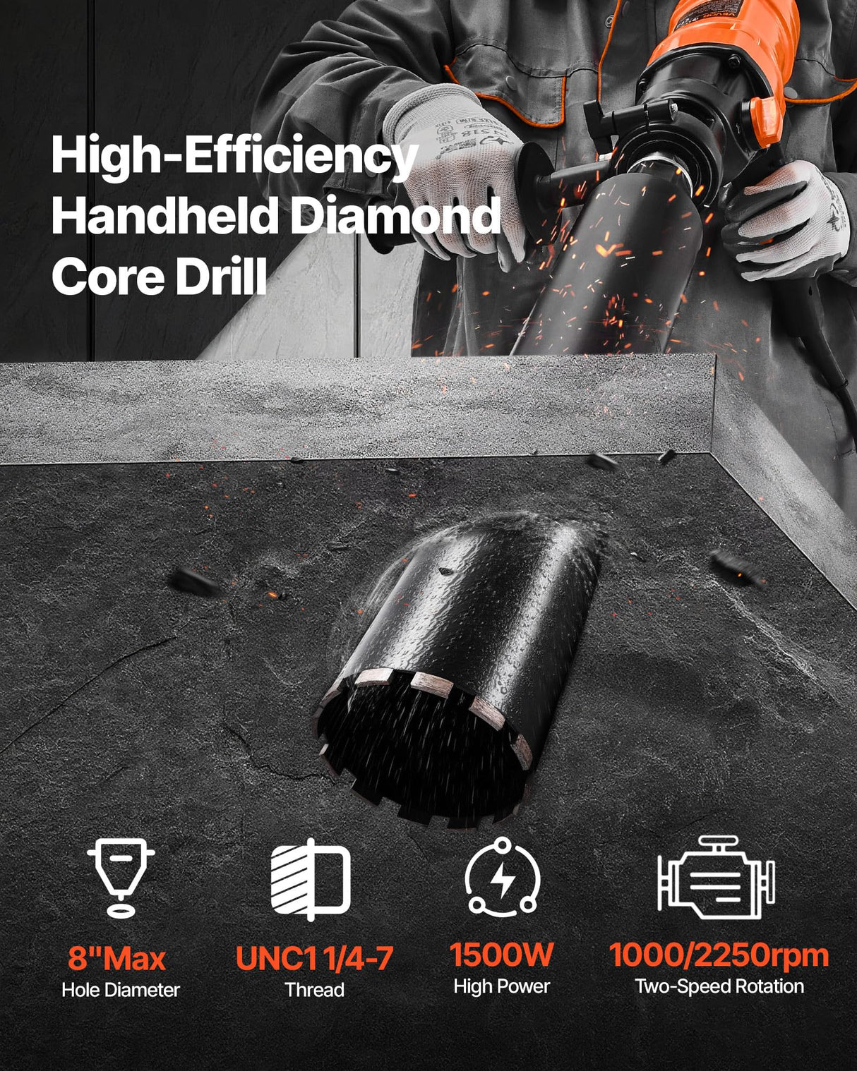 VEVOR Perforadora de Diamante, Equipo de Perforación Manual 1000/2250 RPM de 2 Velocidades en Seco y Húmedo con 4 Brocas Diámetro de Perforación de 200 mm para Hormigón, Ladrillo, Piedra