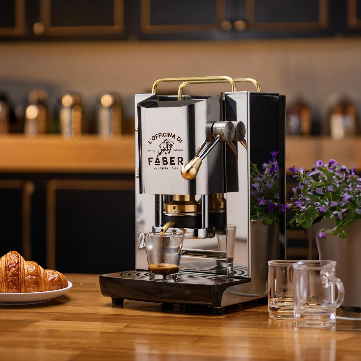 FABER COFFEE MACHINES | Modelo Pro Total Inox Deluxe | Cafetera monodosis ese 44 mm | Prensacialda de latón ajustable | electroválvula de serie (LATÓN)