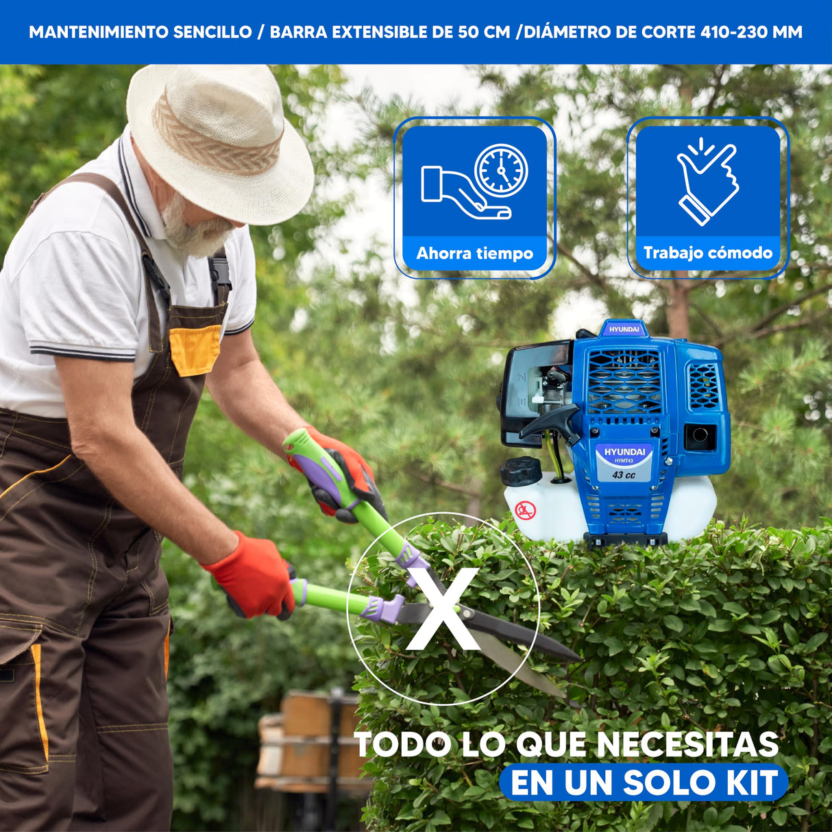 Hyundai Desbrozadora Multifunción 4 en 1 para Jardinería Completa - Herramienta de Corte con Eje Desmontable para Versatilidad - Cortacésped a Gasolina 42,7 CC para Alta Eficiencia de Trabajo