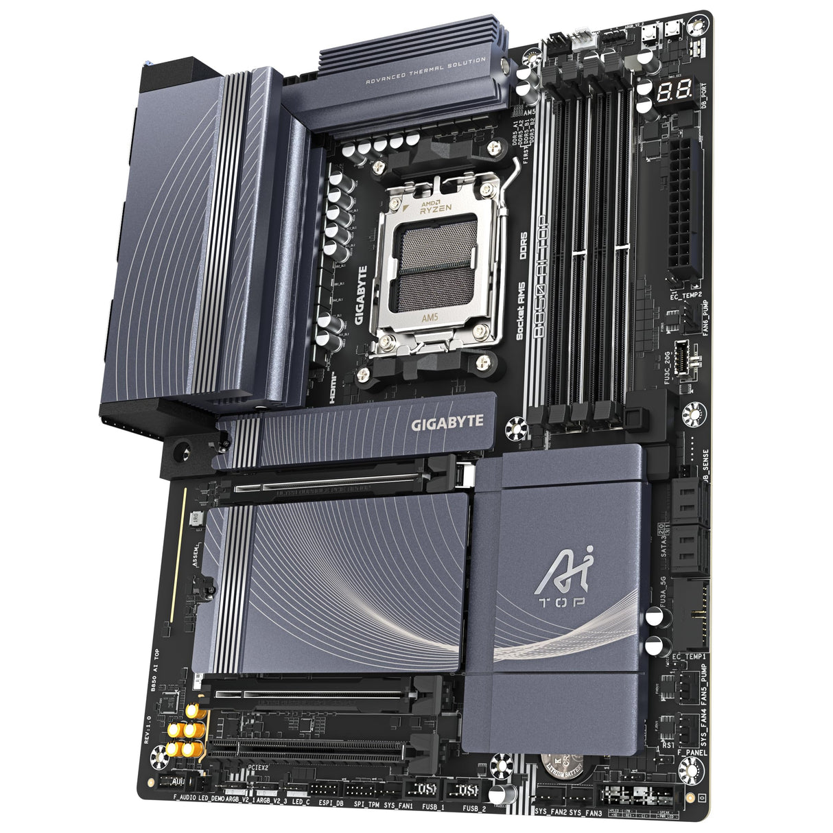 GIGABYTE B850 AI Top Placa Base - Procesadores AMD Ryzen Serie 9000, 16+2+2 Fases VRM Digitales, hasta 8600MHz DDR5 (OC), 2xPCIe 5.0 + 1xPCIe 4.0 M.2, LAN 10GbE, WiFi 7, USB 3.2 Gen 2x2