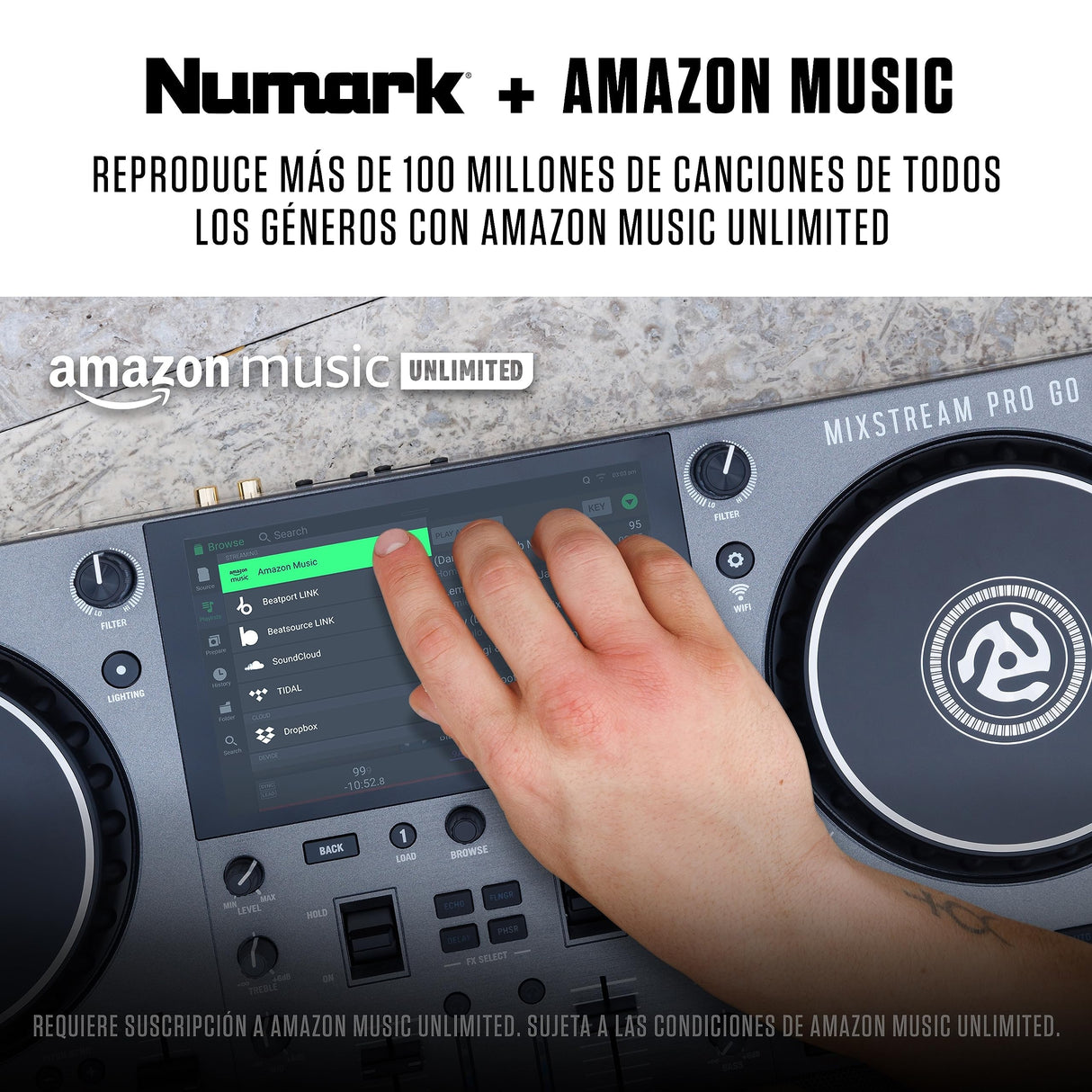 Numark Mixstream Pro Go - Controlador DJ portátil, batería, mezclador con separación de stems, altavoces, streaming wifi, pantalla táctil y Serato DJ