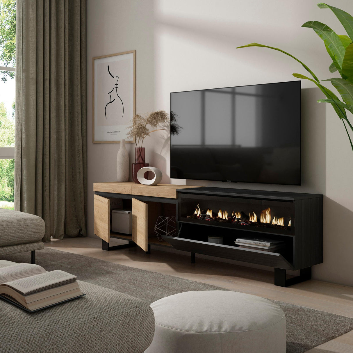 Skraut Home | Mueble TV | Televisión | Muebles de salón, almacenaje | 200x57x35cm | para TV hasta 80" | Chimenea eléctrica | Diseño Industrial | Estilo Moderno | Roble y Negro