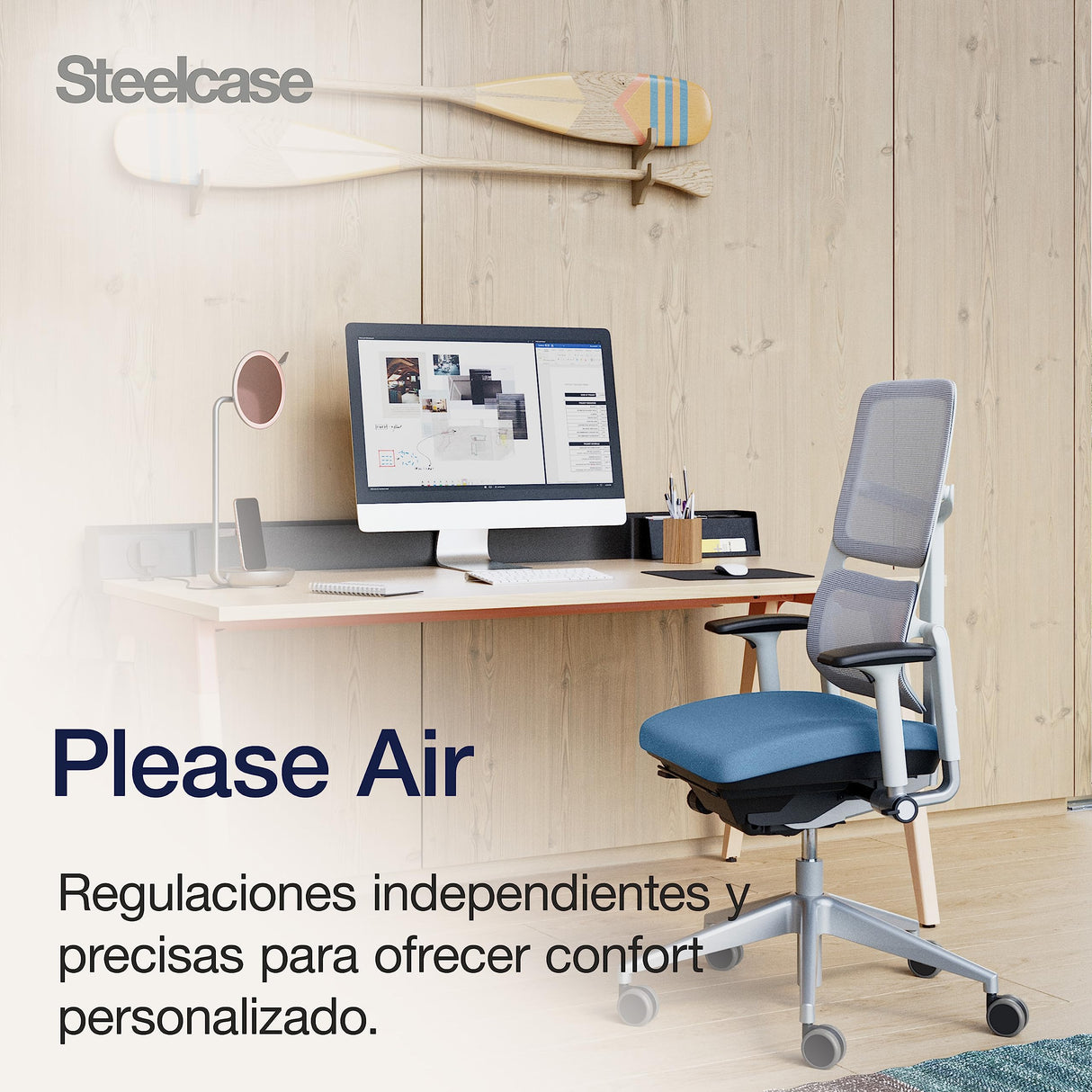 Steelcase Please Air, silla de oficina ergonómica con respaldo alto de malla regulable en altura y brazos regulables Cobalto/Gris gaviota