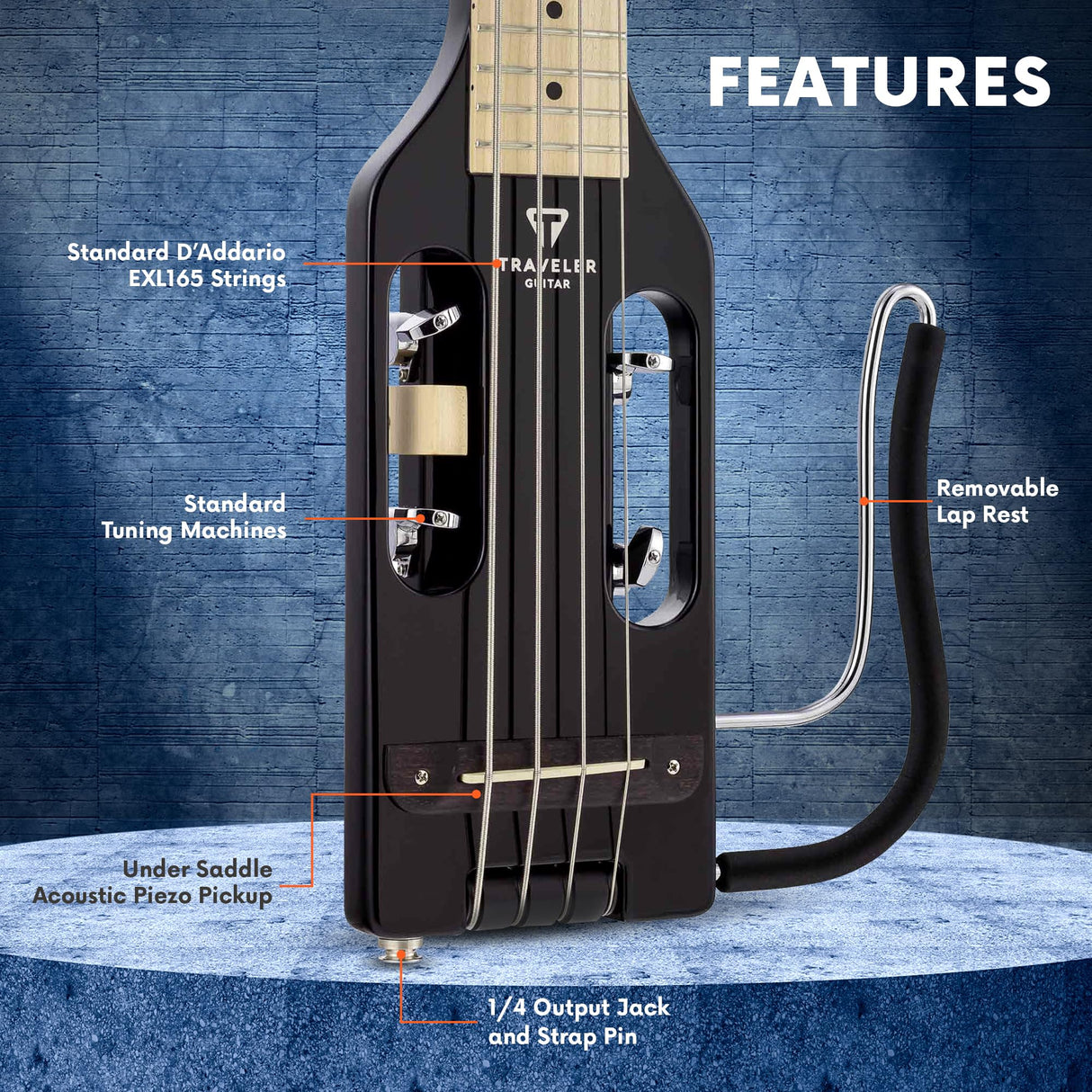 Traveler Guitar Bajo ultraligero, negro brillante (ULB BKGMP)