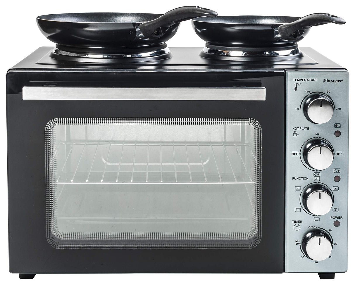 Bestron Pequeña Cocina, Mini Horno con Doble Placa de Cocción, Calor Superior/Inferior con Función de Aire Circulante hasta 230°C, 3200 Vatios, Negro