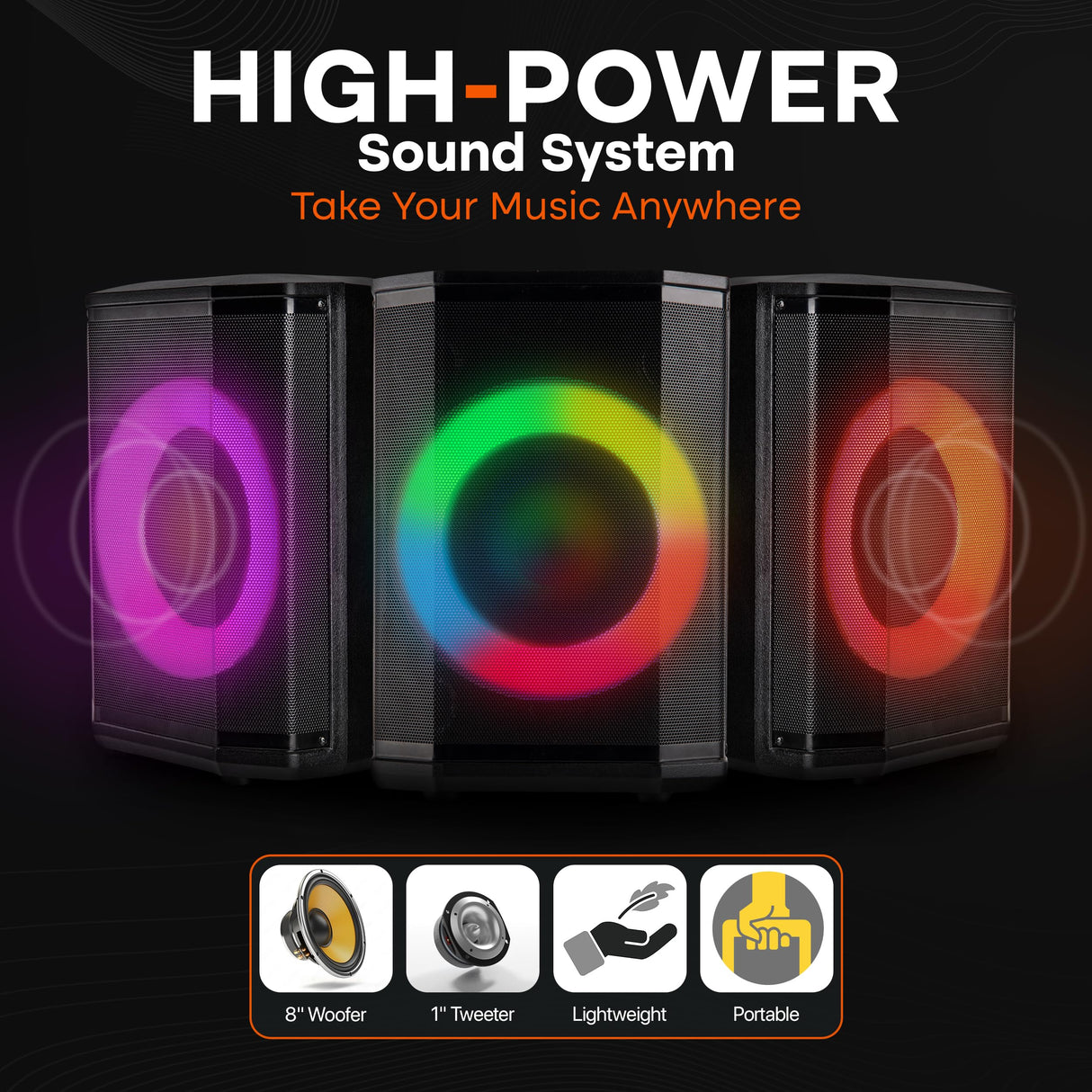 Pyle Portable Bluetooth Speaker with 8" Inch Woofer, TWS, Mic Input, USB/SD/FM Radio, Colorful Ring Lights, 120 W Rechargeable Battery, Tripod Stand & Speaker Bag, Hi-Fi Sound, Outdoor/Indoor Use
