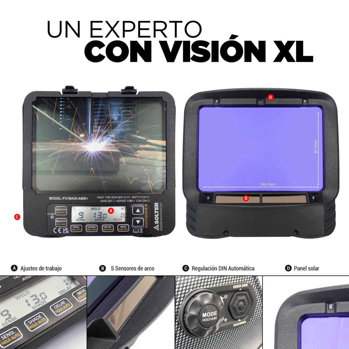 Solter, Pantalla Soldadura HELLMET R-30 con Tecnología True Color, Calidad Óptica 1/1/1/1, Amplio Campo de Visión 116x81mm, Niveles de Sombra DIN 3/4-8/9-13, Batería CR2450 Reemplazable