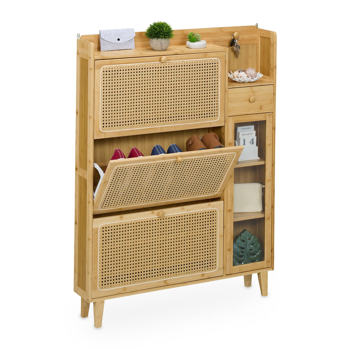 Relaxdays Mueble Zapatero, 5 Compartimentos, Armario Calzado Bambú, 127x95x19 cm, 9 Pares, 3 Solapas, Estrecho, Natural, Plástico, Tablero de Fibras