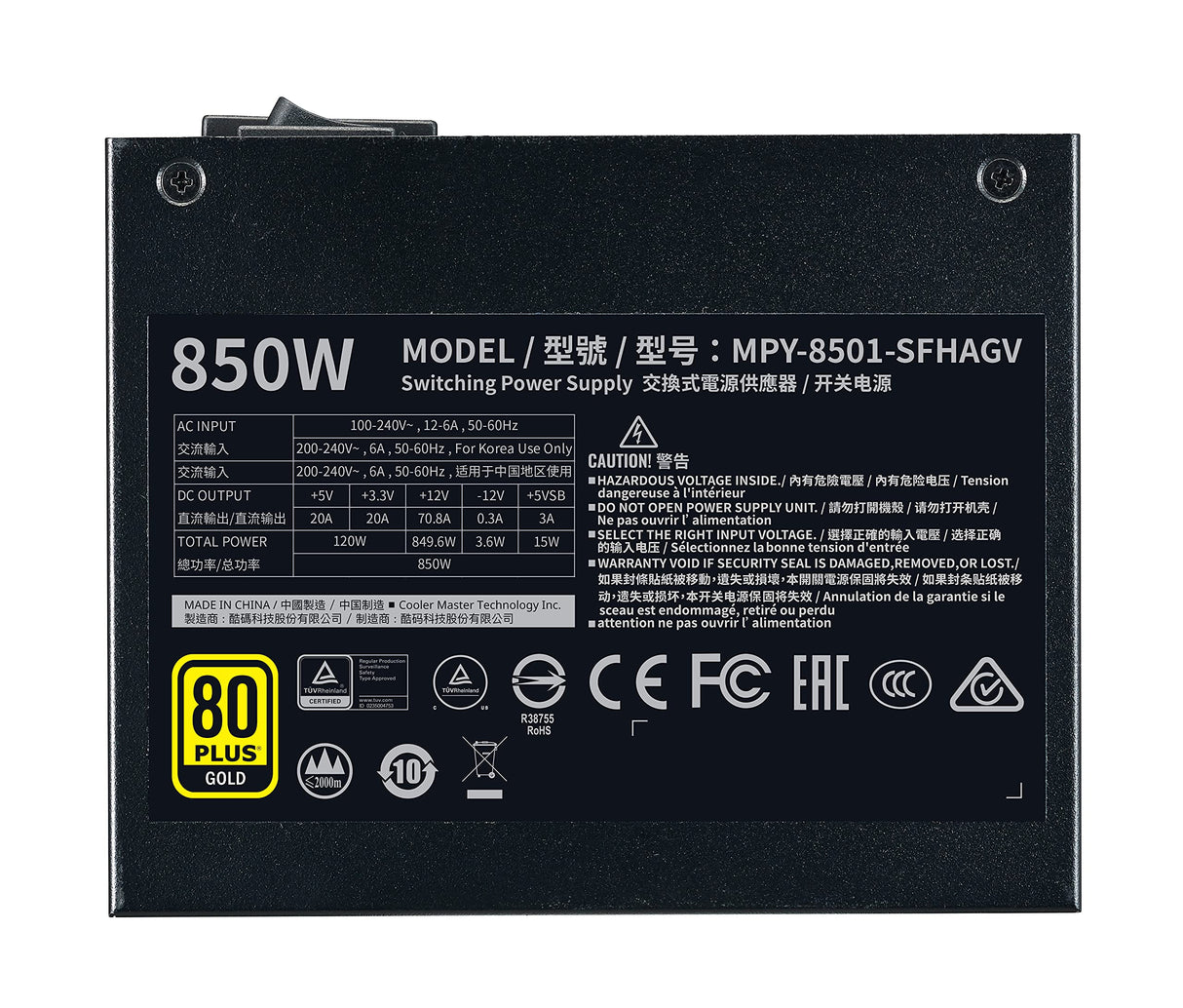 Cooler Master V850 SFX Gold,Fuente de Alimentación 850W 80 PLUS Fully Modular,PSU SFF/mini-ITX, Ventilador Silencioso FDB 92mm, Modo Semi-Fanless,Soporte SFX/ATX,Plug UE, 1 Unidad