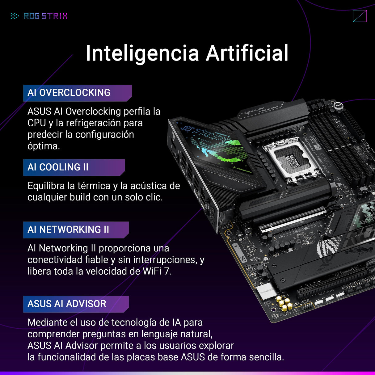 ASUS ROG Strix Z890-F Gaming WiFi - Placa Base ATX, 16+1+2+2 etapas de Potencia, DDR5, PCIe 5.0 Compatible con GPU de última generación, Cinco Ranuras M.2, WiFi 7, AI Overclocking, AI Networking II